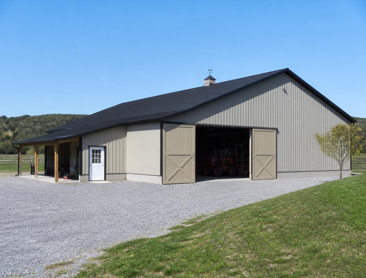 Newly built pole barn with a charcoal metal roof