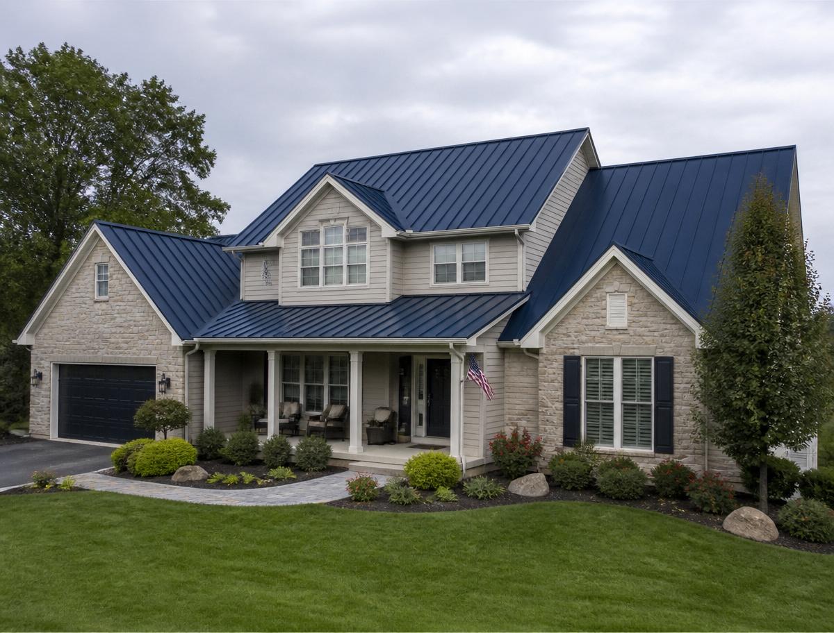 Standing seam metal roof installed on a modern residential property